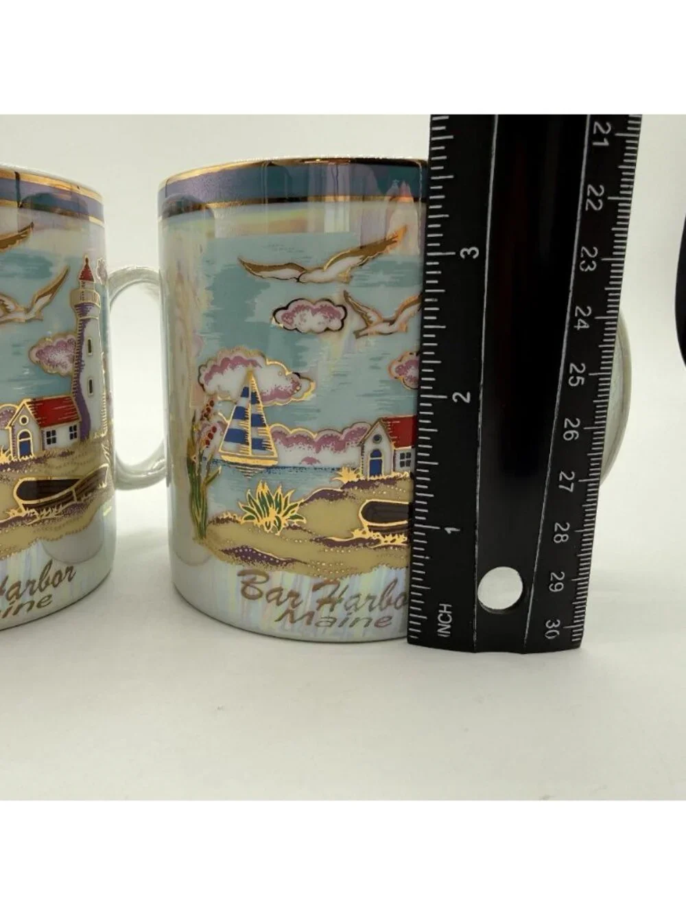 Bar Harbor Maine Souvenir Mug Pair Iridescent &Gold Trim Coffee Coastal Scene